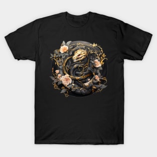 Snake And Roses Black And Gold Ouroboros T-Shirt